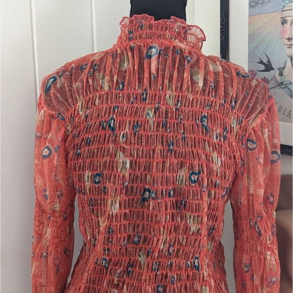 Free People Floral Shirred Mesh Bell Sleeve Fairycore Hippie Rock Top XL - Picture 10 of 14